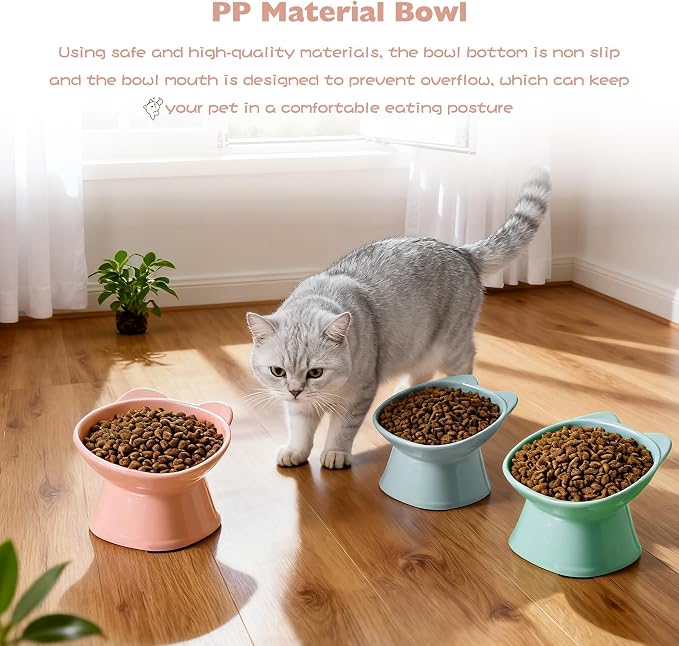 KSIA Klear Elevated Cat Bowls 2 Pack, Tilted Raised Cat Bowls for Indoor Cats, for Food and Water, 4.72" Wide, Whisker Friendly Anti Vomit for Indoor Cats, Microwave and Dishwasher Safe, Pink&Green - Image 7