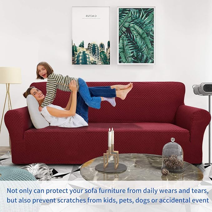 ZNSAYOTX 1 Piece Jacquard Couch Covers for 3 Cushion Couch High Stretch Sofa Cover for Pets Dogs Anti Slip Extra Large Sofa Slipcovers Furniture Protector (XL Sofa, Wine Red) - Image 2