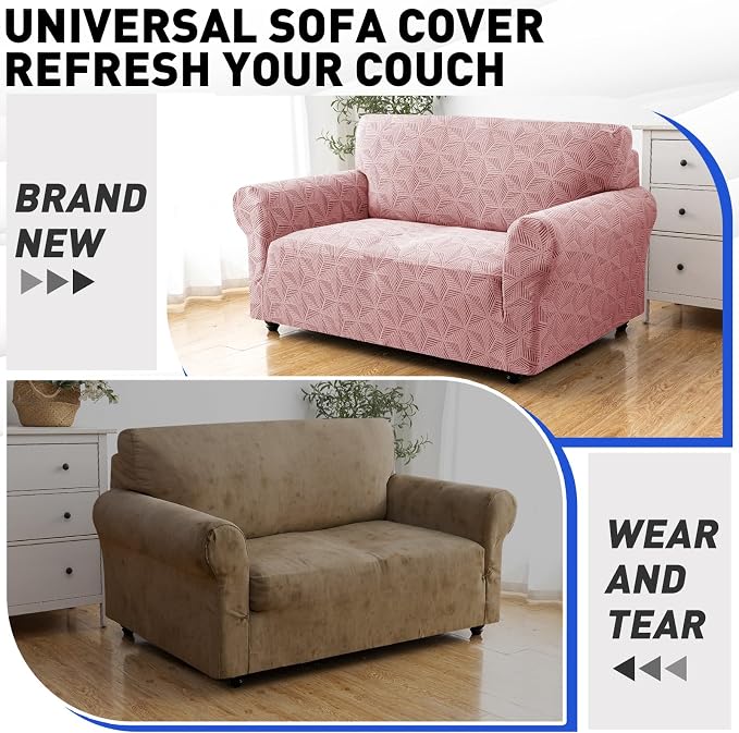 YEMYHOM 1 Piece Stretch Couch Covers for 2 Cushion Couch, Jacquard Loveseat Cover with Non-Slip Elastic Bottom, Thickened Slipcover Furniture Protector for Dogs Pets (Medium, Pink） - Image 6