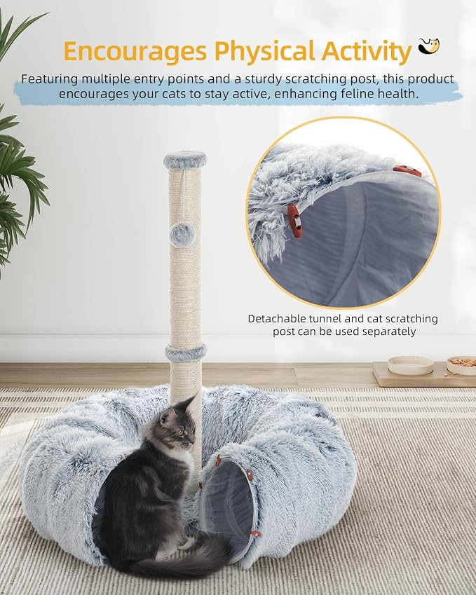 Aechonow 3-in-1 Cat Tunnel Bed, 34'' Cat Scratching Post for Indoor Cats | Fluffy Peekaboo Donut Hideout Toy for Pets, Rabbit, Ferret - Image 5
