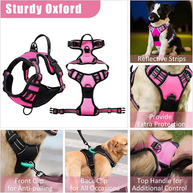 No Pull Dog Harness Adjustable Collar & Leash Set - Dog Halter Harnesses Collapsible Bowls & Poop Bag Dispenser Muzzle ID Tags Toys Fits Small Medium Large Dogs (Pink-XL) - Image 3
