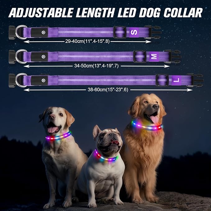 LED Dog Collar, RGB Light Up Dog Collar USB Rechargeable 6 Modes | Waterproof Light Up Dog Collar with Soft Nylon Comfort, Adjustable Fit for Small Medium Large Dogs Purple L - Image 7