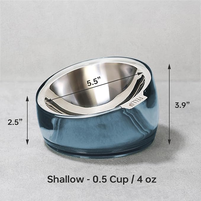 Felli Pet Oblik Whisker Fatigue Cat Food Bowl Raised Stainless Steel Shallow Dish, Pet Design Anti Vomit Tilted Metal Plate Feeder Elevated Acrylic Base (Shadow, 0.5 Cups Shallow Dish) - Image 4