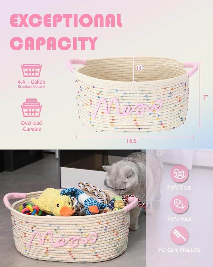 Sea Team Cat Toy Storage Basket with Handles, Rainbow Meow | Large Cotton Rope Storage Bin, Shelf Basket, Organizer for Pet Chew Toys, Foods, 16.5 x 11 x 7 Inches, 4.4 Gallons - Image 2