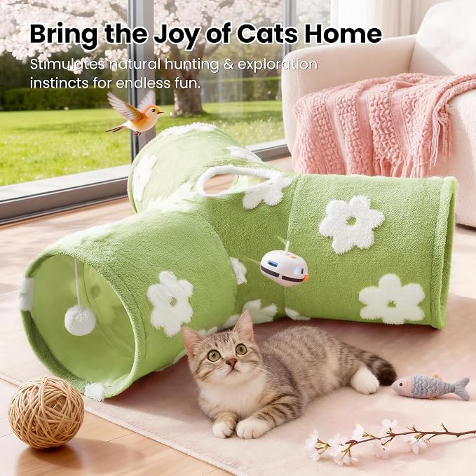 Tempcore Flannel Cat Tunnel for Indoor Cats, 3 Way Collapsible Pet Play Tunnel with Teaser Wand, Peek Holes & Hanging Ball, Interactive Tube for Kittens & Rabbits, Daisy Green - Image 5