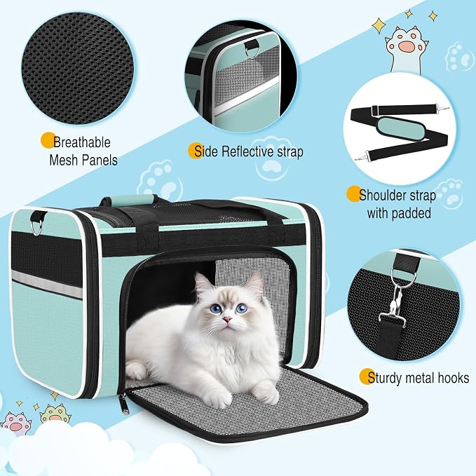HUANLANG Large Cat Carrier Travel Soft Sided Pet Carrier Airline Approved | Dog Carriers for Small Dogs Medium Cats,Collapsible,3 Storage,zipper lock,Reflective strips,Luggage Strap, Up to 15 Lbs - Image 2