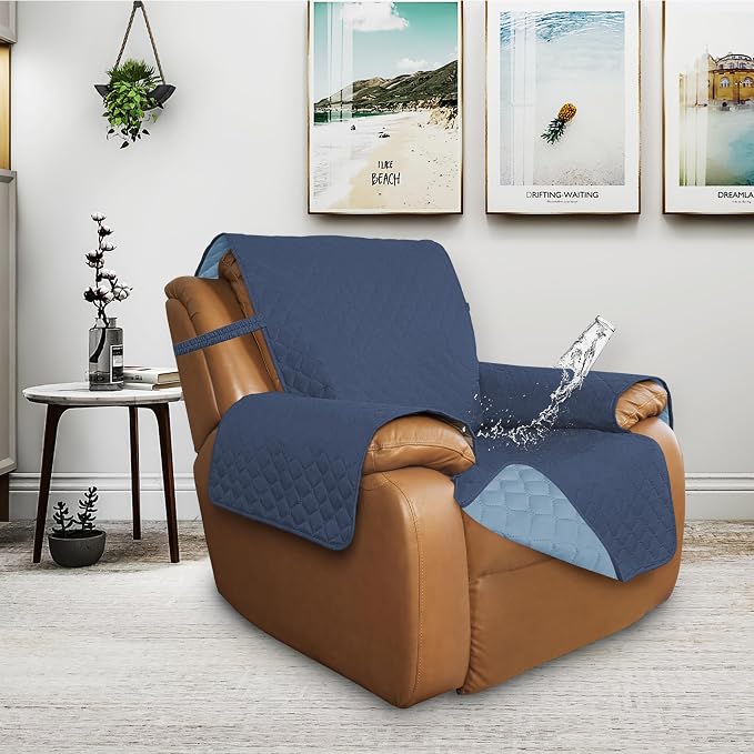 ISSUNTEX Double Protection 100% Waterproof Recliner Covers for Living Room, Reversible Furniture Protector Recliner Couch Sofa Slipcover for Dogs, Pets, Kids (Oversized Recliner, Dark Blue/Light Blue) - Image 2
