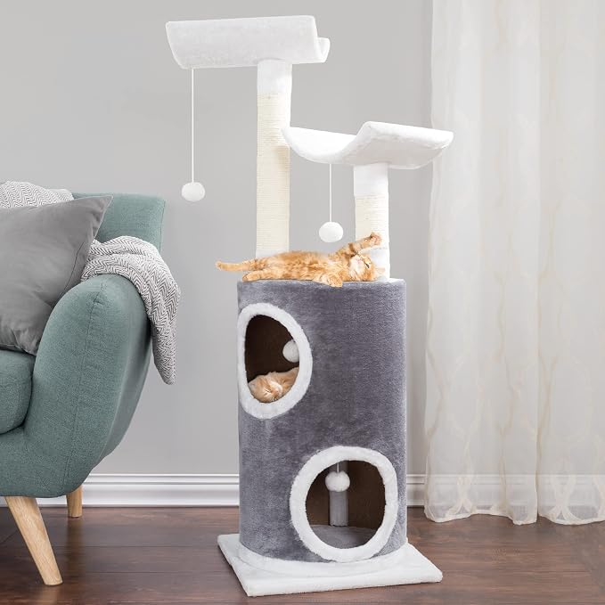 45in Cat Tree with Napping Perches, 2 Story Cat Condo, Cat Scratching Posts, and Hanging Toys - Cat Tower for Indoor Cats by PETMAKER (Gray) - Image 4