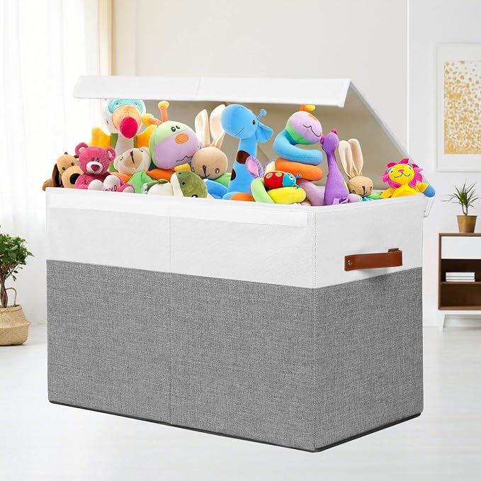 Large Toy Storage Box with Lid, Toy Chest Bin Boxes Basket with Dividers | Sturdy Toy Organizer Bin for Kids, Boys, Girls, Nursery, Living Room, Bedroom, Playroom 25"x13" x16" (Grey and White) - Image 2