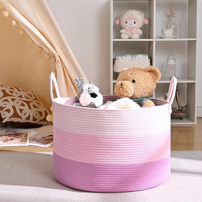67L Large Woven Blanket Basket, Cotton Rope Baby Laundry Hamper with Handles, Kids Toy Basket for Classroom & Nursery, Soft Round Stuffed Animal Storage, Dog Toy Bin - 20"x13", Pink - Image 4