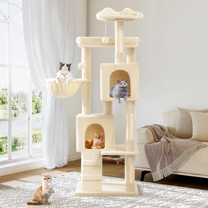 Allewie 64 Inches Multi-Level Cat Tree Tower for Indoor Cats, Beige | Activity Center for Big Felines, 2 Plush Condos, 2 Perches, Cozy Basket, House, Sisal Scratching Posts, Hanging Cat Toys - Image 2