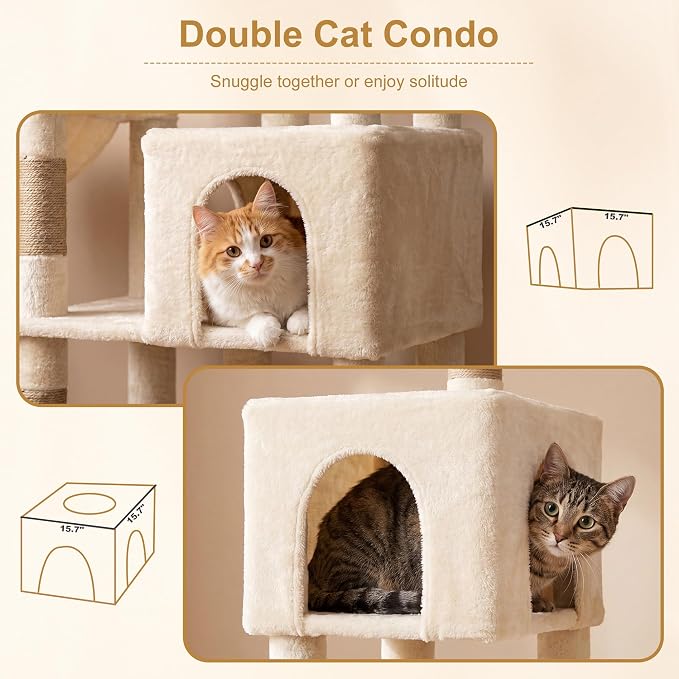 Heybly 68.1" Cat Tree with Oversized Top Platform & Wide Base HCT059MJ | Heavy Duty Cat Tower for Large Indoor Cats with 2 Condos, 2 Hammocks, 10 Sisal Scratching Posts, Stable Cat House, Beige - Image 10
