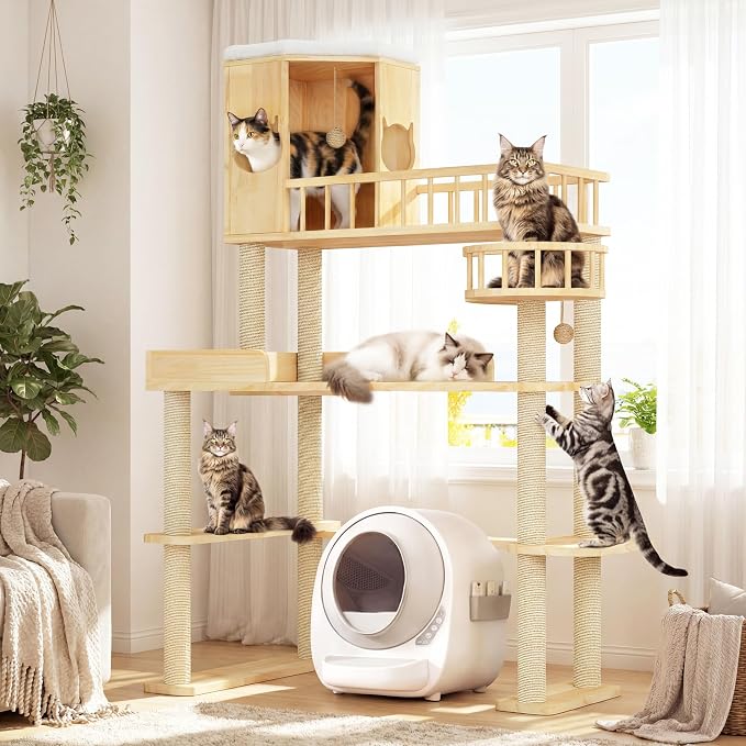 Corner Cat Tree for Automatic Litter Box, 6 Tier Cat Tower, 61''H | Wood Cats Tower for Self Cleaning Litter Box, Cat Tree for Indoor Adult Cats, Solid Wood Cat Furnitue w/12Pcs Scratching Post - Image 9