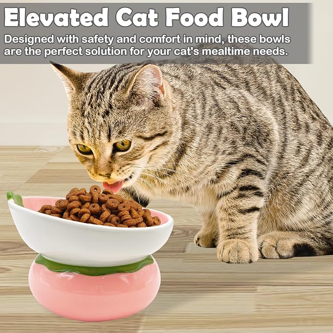 Hamiledyi Ceramic Raised Cat Bowls 15° Tilted Elevated Kitten Food Water Bowl Shallow Whisker Fatigue Kitty Dish Fruit Pet Feeding Bowls Feeder for Indoor Cats Small Dog (Pink Strawberry) - Image 8