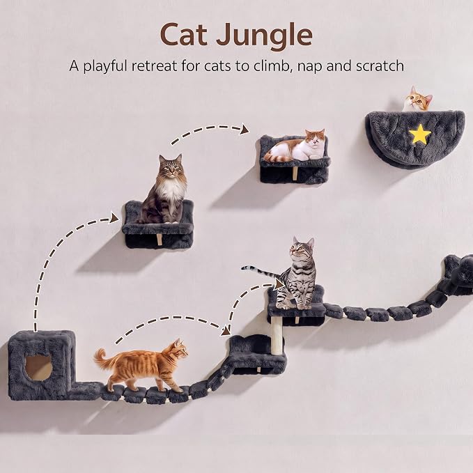 13-in-1 Cat Wall Shelves, Moon & Bridge Cat Wall Furniture, Grey | Wall Mounted Cats Shelf Set with Plush Fabric, Cat Climbing Systems for Adult Cats, Condo, Scratching Post, Space-Saving - Image 6