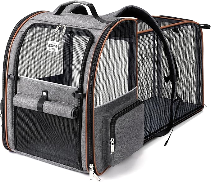 Cat Carrier Backpack, Expandable Pet Carrier with Sun Shade & Full Front Opening, Breathable Mesh Backpack for Small Dogs & Medium Cats Up to 18 Lbs, Foldable for Hiking, Camping (Grey) by LEKEBOBOR