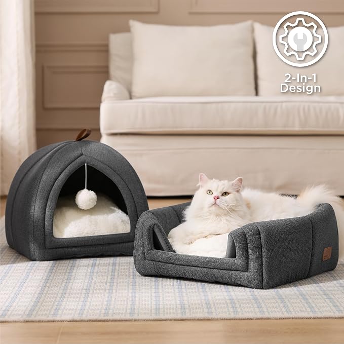 Bedsure 2in1 Cat Beds for Indoor Cats Cave for Kitten with Washable Pillow | 16in, Cat House Enclosed, Covered Cat Tent, Foldable Hideaway, Fluffy Ball, Anti Slip Bottom, Removable Cushioned ,Dark Grey - Image 3