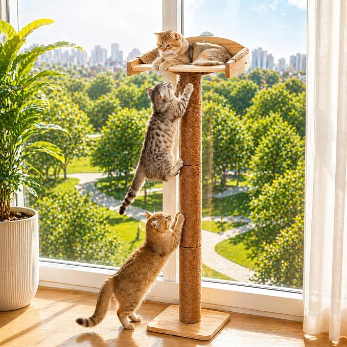47.3'' Cat Tree Window Sill Perch with Tall Vertical Scratching Post Height-Adjustable Indoor Hammock Bed for Large Cats Suction Cup Climbing Tree Tower for Sunbathing & Bird Watching (Light Wood, M) by Unknown