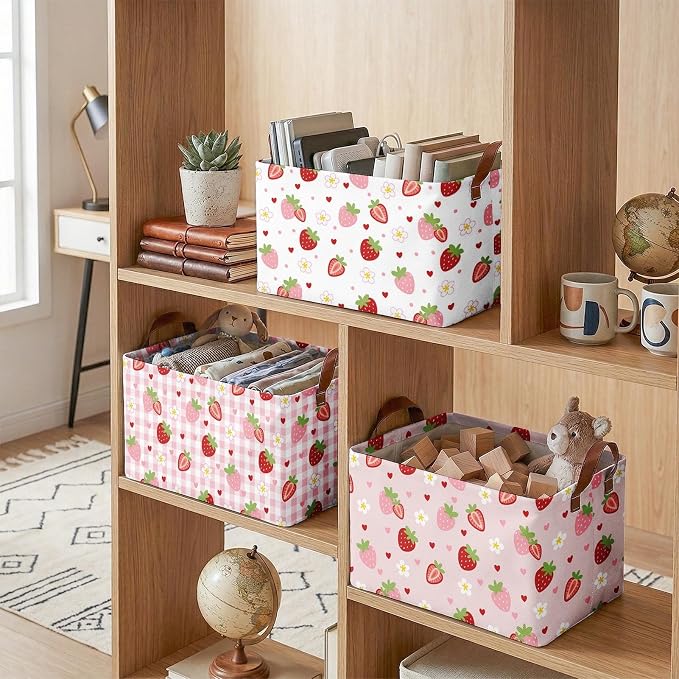 Britimes Strawberry Storage Baskets for Gifts, Toy Storage Bins Box, 3 Pcs | Cute Strawberry Canvas Collapsible Baskets Organizer with Handles Pink Nursery Decor Laundry Basket for Shelves Closet - Image 6