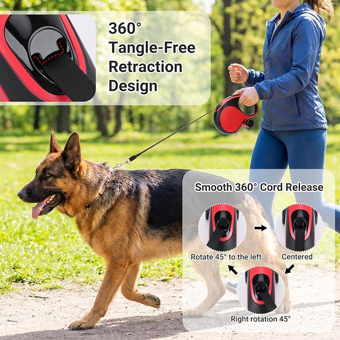 Segarty 26 Ft Walking Lead with Poop Bag Holder for Pet 66 lbs - 110 lbs, 8m Heavy-Duty Retractable Long Leash 360°Tangle-Free with Anti-Slip Handle, One-Handed Brake Pause Lock for Medium Large Dogs - Image 5