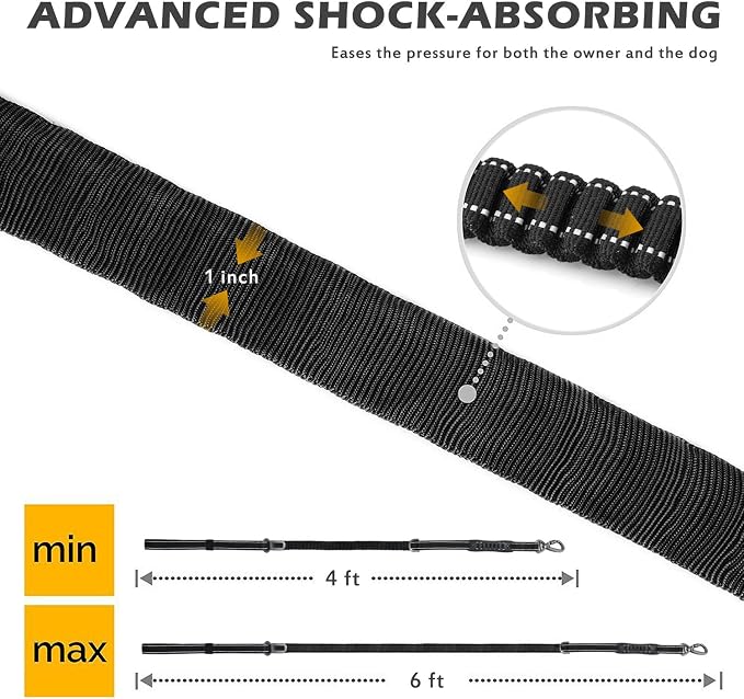 Heavy Duty Bungee Dog Leash with Locking Carabiner for Large Dogs | No Pull Bungee Shock Absorbing, 2 Padded Handles for control, Fits 60-150 lbs Dogs, Seatbelt Buckle, Reflective - Image 6