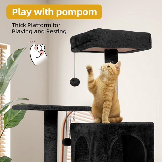 54inch Large Cat Tree Tower Condo with Hammock for Indoor Cats, Soft Plush Multi-Level Climbing Tree Cat House with Cat Cave, Scratching Post, Sisal Rope, Black - Image 4