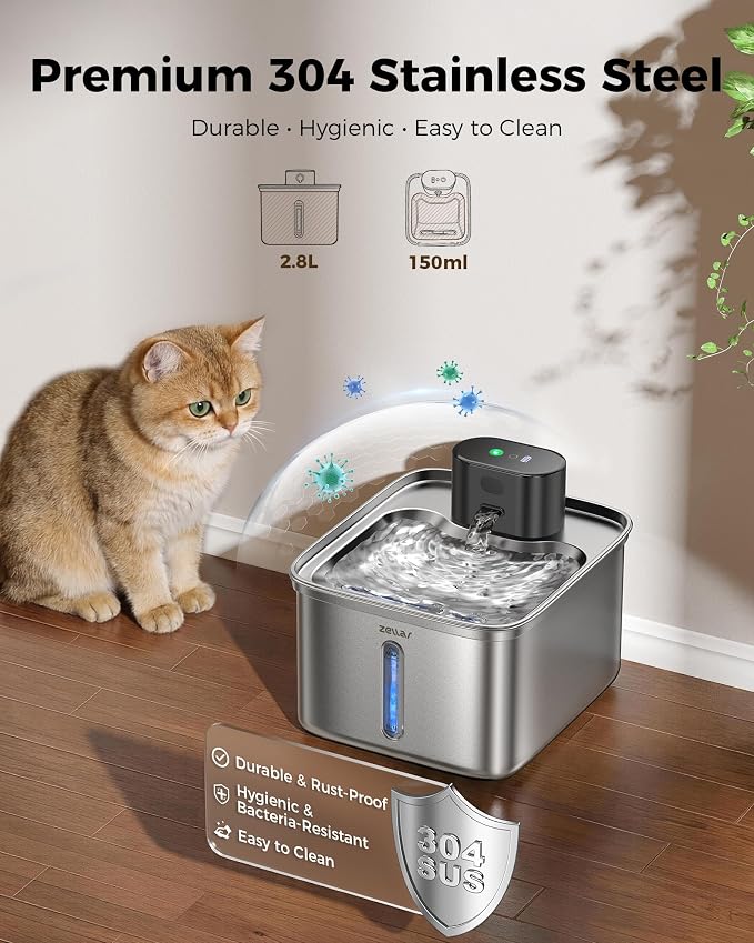 Wireless Cat Water Fountain, 108oz/3L Pump-Free Ultra-Quiet Pet Water Dispenser, Stainless Steel with Multi-Layer Filtration, 3 Smart Modes & Motion Sensor,Automatic Drinking Fountain for Cats Dogs - Image 6