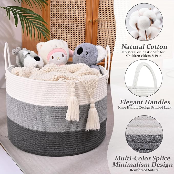 67L Large Woven Blanket Basket, Cotton Rope Baby Laundry Hamper with Handles, Kids Toy Basket for Classroom & Nursery, Soft Round Stuffed Animal Storage, Dog Toy Bin - 20"x13", Gray - Image 3