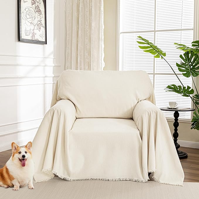 MYSKY HOME Oversized Chair Cover, Armchair Couch Cover for 1 Cushion, Washable Recliner Covers Sofa Protector with Tassel, Beige, 71"X91" by MYSKYHOME