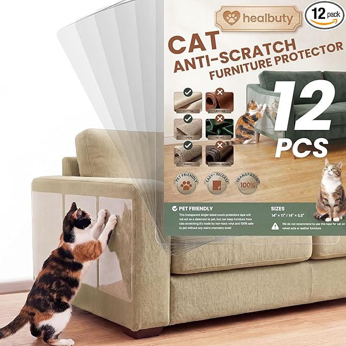 Cat Scratch Furniture Protector, 12 Pack Self Adhesive Tape, Heavy Duty Flexible Corner Guards for Couch, Sofa, Doors, Walls, Chairs, Armrests, No Residue, No Pins, Cat Scratch Protection Kit by Unknown