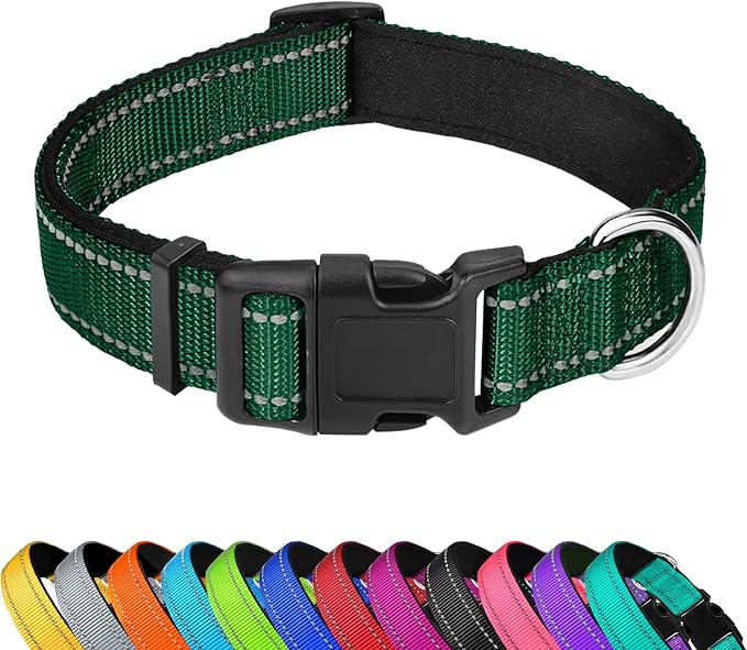 Reflective Dog Collar, Adjustable Soft Neoprene Padded,Dark Green,L | Breathable Nylon for Large Dogs,Tear-Resistant Webbing,Chafe‑Free on Walks and Hikes,Metal D-Ring,Night Safety by PWOD