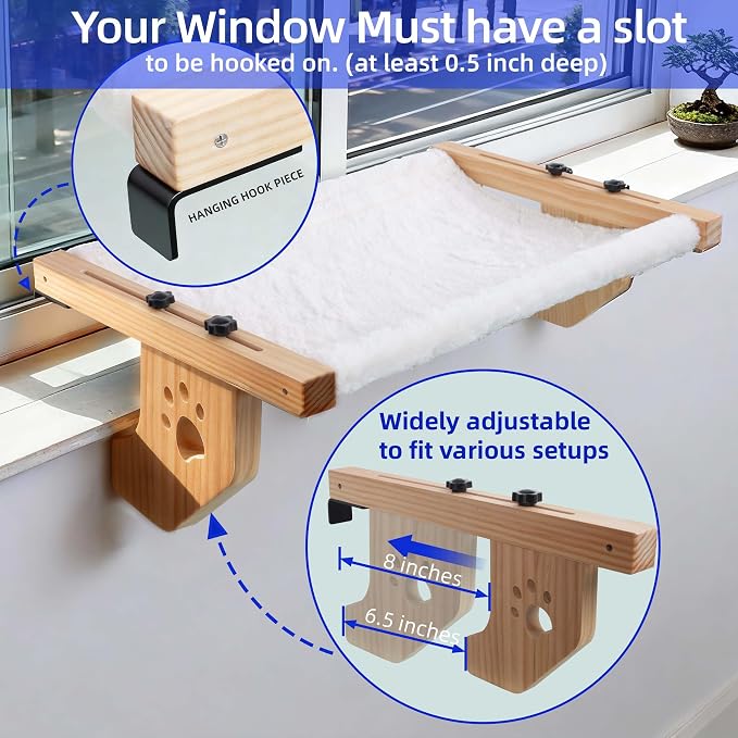 ESPETS Wooden Cat Window Hammock for Large Cats, White Kitten Window Perch | Solid Wood Window Ledge Perch, Sturdy Large Size Shelves, Soft Thick Removable Cushion, Easy Assemble Adjustable, Hold 50LBS - Image 4
