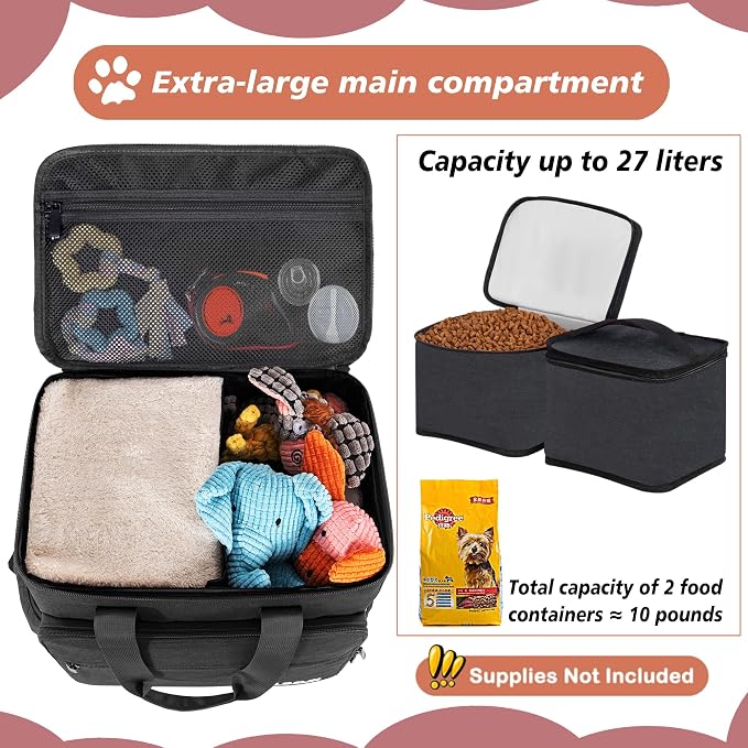 Dog Travel Bag, Large Pet Travel Set with Multi-Function Pockets | 2 Food Storage Containers, 2 Collapsible Bowls, 1 Feeding Mat for Pet Supplies, Road Trip Essentials, Weekend Camping, Black - Image 2