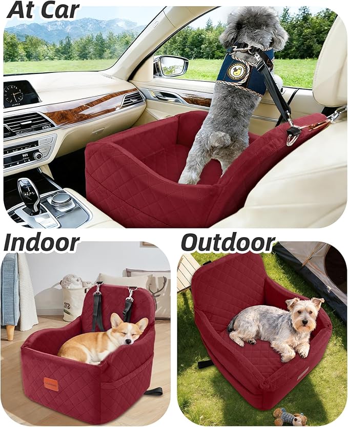 Lealchum Dog Car Seat for Small/Medium Dogs,6in Elevated Cushion,Fits in Front/Back Seat,Fully Detachable and Washable,2 Storage Pockets,Easy to Install (Red, Medium) - Image 4