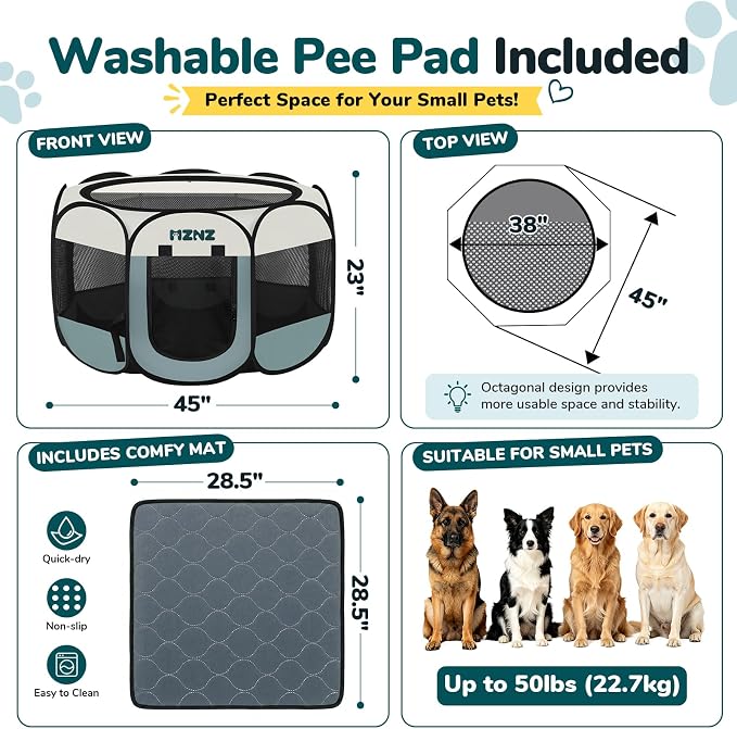 Dog Cat Small Animal Puppy Playpen Crate with Pee Pad, Large, Grey | Portable Pop Up Pet Cage Enclosure Tent Kennel Indoor Outdoor with Carrying Case, No Assembly, Camping Use - Image 2