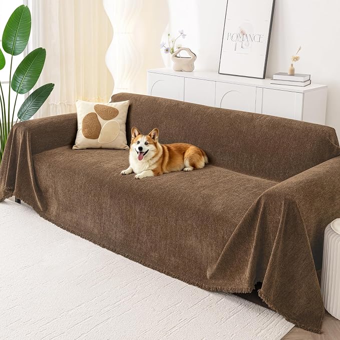 Smiry Couch Cover for Dogs, Chenille Sofa Covers for 3 Cushion Couch | Washable Soft Sofa Slipcover for Pets, Thick Sectional Furniture Protector with Tassels (Chocolate, 88.5x118 Inch) by Smiry
