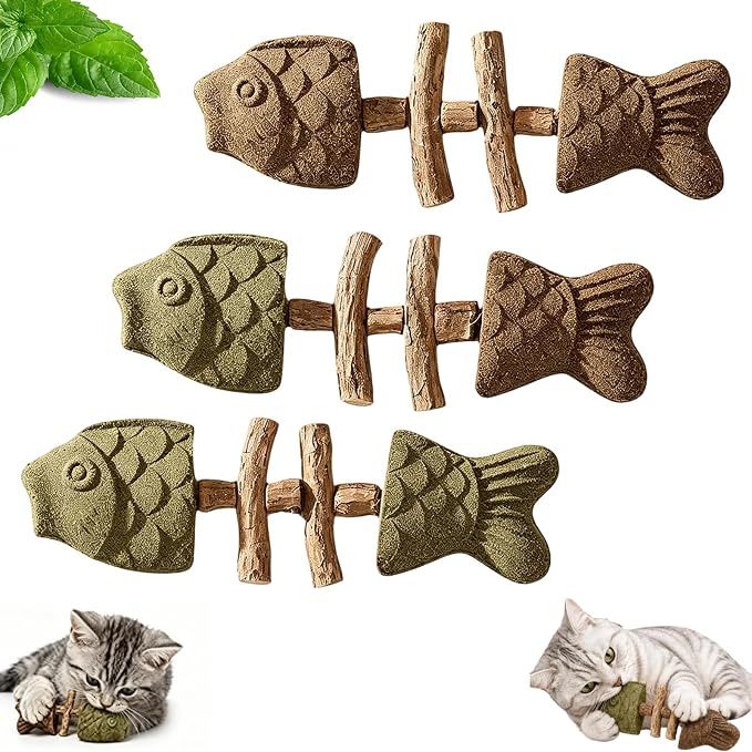 3PCS Catnip and Silvervine Chew, Creative Fish Bone Cat Dental Chew Toy, Fix Cat Dental Health, Durable Wooden Feline Tooth Care Tool by Unknown