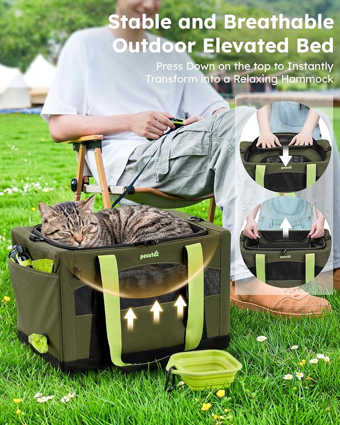 Pecute Cat Carrier,Top Expandable Dog Crate for Travel, Green | 5mm Anti-Collapse Steel Frame, Soft Mesh, Vet Visits, Foldable Travel Crate,Outdoor Hammock, Leakproof Pee Pad & Bowl - Image 4