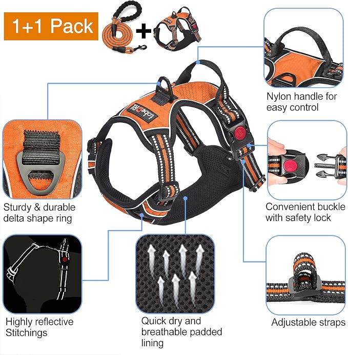 tobeDRI No Pull Dog Harness Adjustable Reflective Oxford Easy Control Medium Large Dog Harness with A Free Heavy Duty 5ft Dog Leash, Orange, M - Image 3