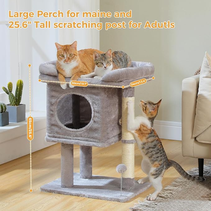 PAWZ Road 26" Cat Tree for Indoor Cats, Small Tower with 19X13”Bed | Cozy Cat Condo with Tall Sisal Posts & Spring Ball, Raised Edge Bed Keeps Cats Secure Compact for Corners or by Window - Image 2