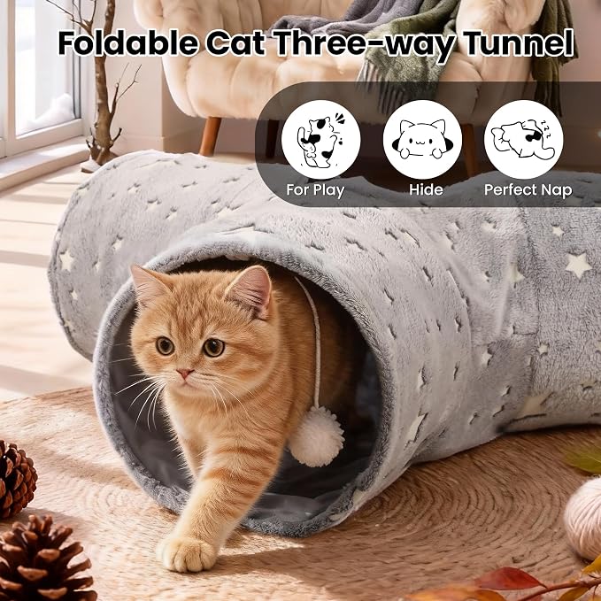 Tempcore 3-Way Collapsible Cat Tunnel Toy with Self-Luminous Tube & Teaser Wand, Peek Holes & Hanging Ball, Photoluminescence Play Tunnel for Indoor Cats, Puppy, Rabbit - Image 6
