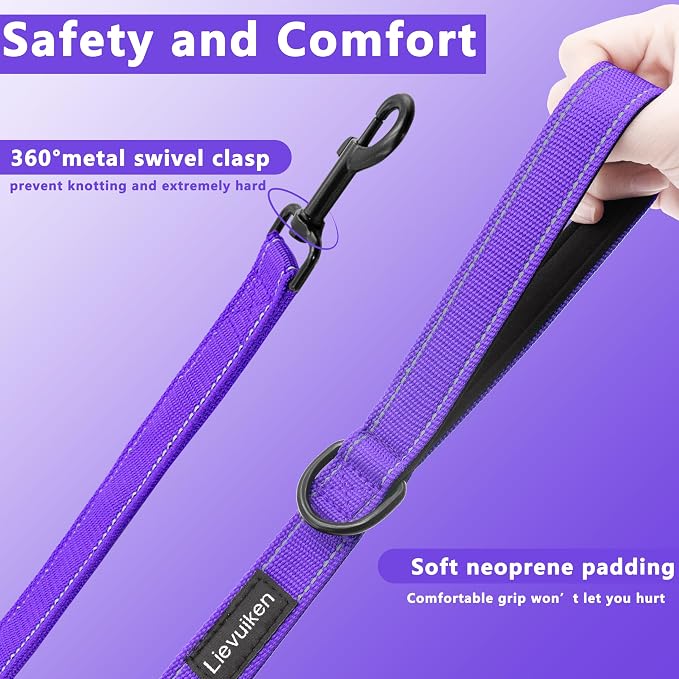 Dog Leash 6.5ft Long,Double Handle Dog Leash for Control Training | Heavy Duty Dog Leads with Traffic Padded Handles, Reflective Leashes for Small Medium Large Dogs(6.5ft, Purple) - Image 3