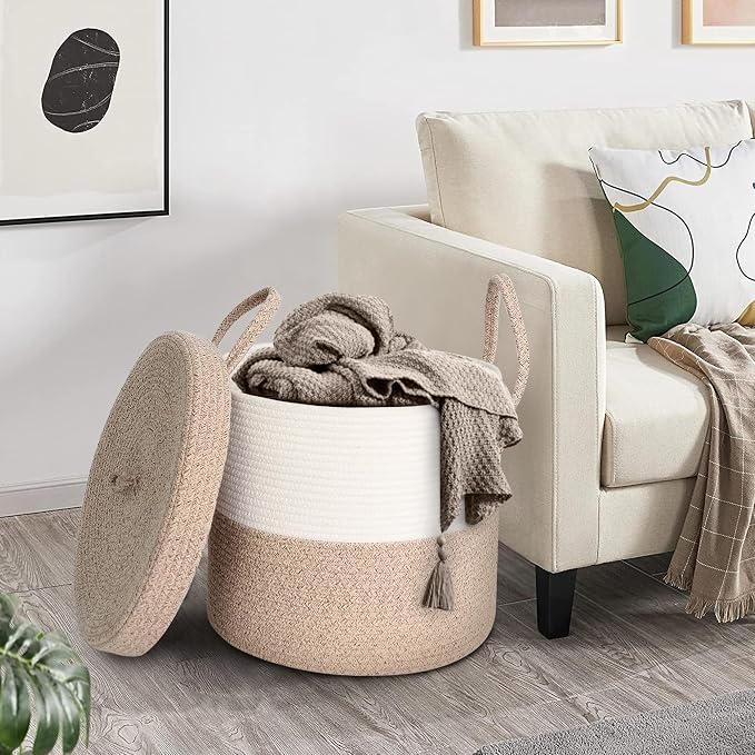 15”x13” Large Storage Basket with Lid, Blanket Basket Living Room, Woven Cotton Rope Baskets for Storage, Kids Toy Storage Bin, Tall Wicker Laundry Basket, Blankets Pillows Organizer Holder - Image 6