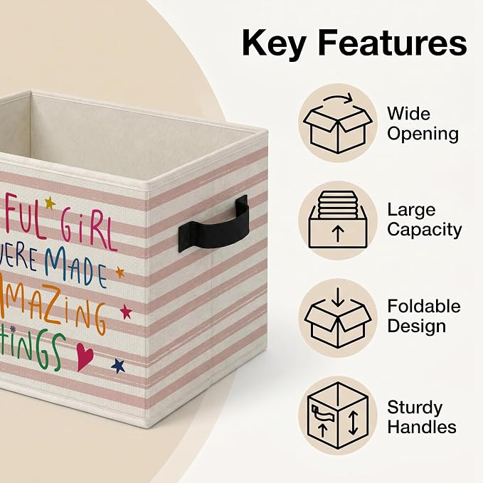 Girls Room Storage Bins Box, Positive Colorful Collapsible Organizer Basket | affirmation encouraging storage box basket for books clothes, pastel striped organizer for nursery bedroom playroom, 10x14 in - Image 4