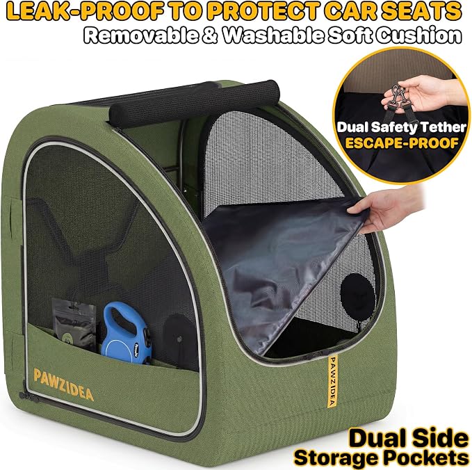 PAWZIDEA Portable Dog Crate for Car Travel, Medium & Large Dogs Up to 80lbs | Soft-Sided Dog Car Kennel for Backseat, Secures Seatbelt & Headrest Strap, Collapsible Enclosed Car Seat Carrier, Chew-Proof - Image 8