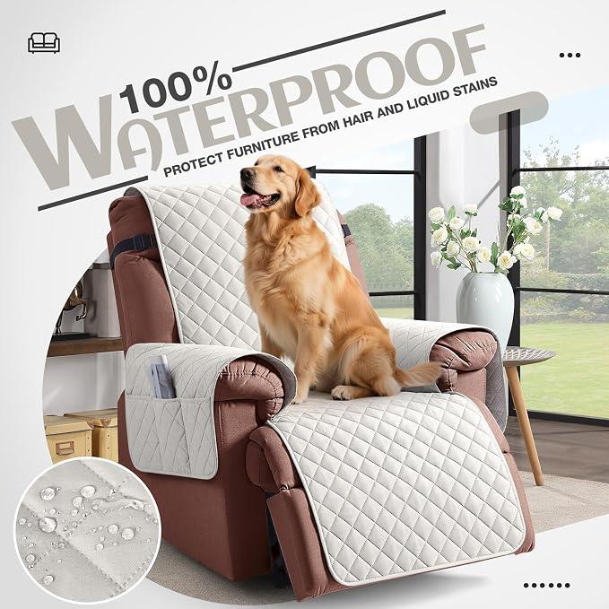 KinCam 100% Waterproof Recliner Chair Covers Washable, 30", Beige White | Anti Slip Reclining Couch Covers for Pets Dog, Recliner Sofa Slipcover Storage Pocket, Furniture Protector with Elastic Strap - Image 3