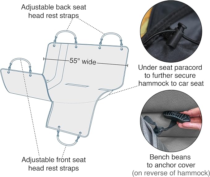 Kurgo Rover Hammock Seat Cover, Black, 55" Wide | Protects Seats from Muddy Paws & Pet Hair, Water & Stain Resistant, Secure Fit, Passenger-Friendly Opening, For Cars & SUVs - Image 2
