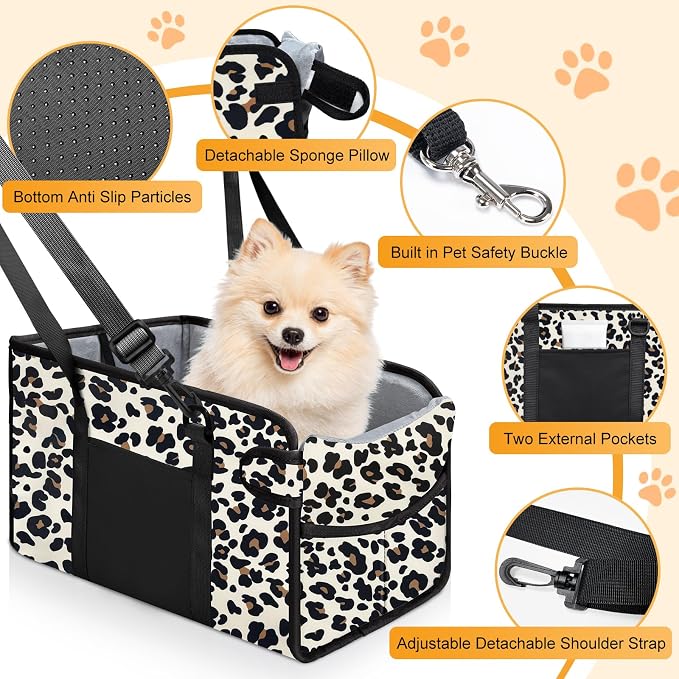 Portable Dog Car Seat for Small Dogs, Puppy Car Seat, Leopard | Booster Seat With Safety Leash & Adjustable Straps Keeps Small Dogs Secure. Removable Washable Cushion. Fits Most Cars. - Image 3