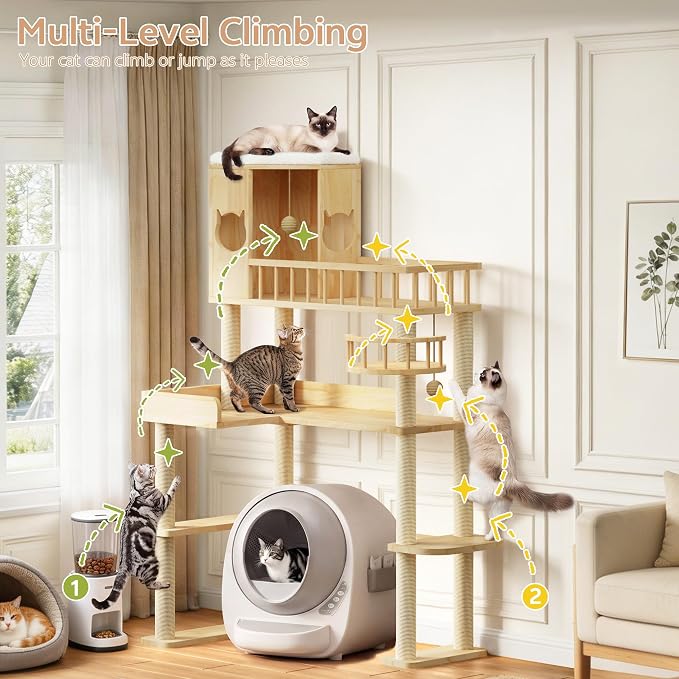 Corner Cat Tree for Automatic Litter Box, 6 Tier Cat Tower, 61''H | Wood Cats Tower for Self Cleaning Litter Box, Cat Tree for Indoor Adult Cats, Solid Wood Cat Furnitue w/12Pcs Scratching Post - Image 5