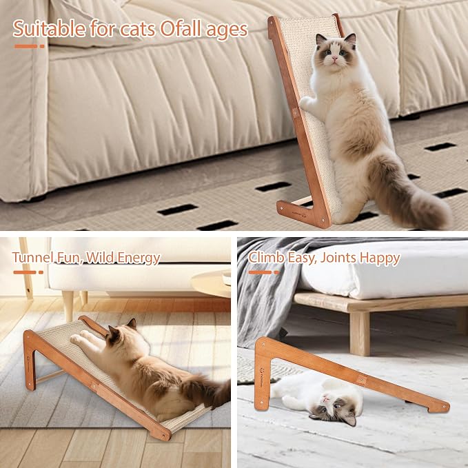 Large-28.5" Sisal Cat Scratcher of L-Shaped Solid Wood Cat Scratching Post - Beechwood Base, Natural Sisal Woven Scratching Pad, Durable, Furniture Protector for Cats' Clawing and Play - Image 7